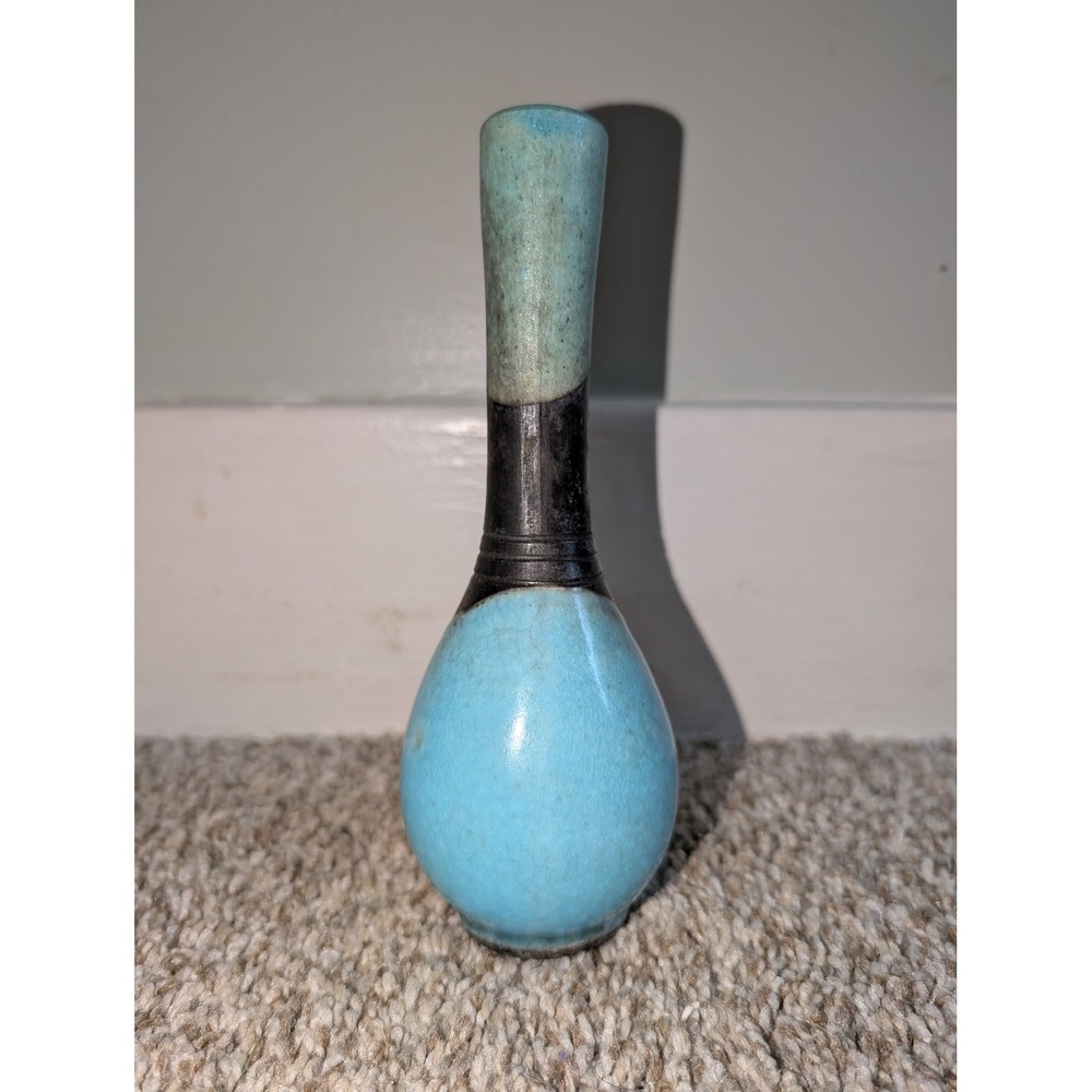 Pottery Bud Vase Small Blue Black Turquoise Signed Artisan MCM Decor Stoneware